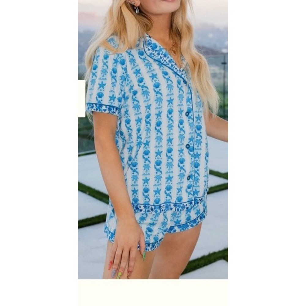 Pink Palm Puff Pajama Set Seabreeze Blue Size XS New With Tags